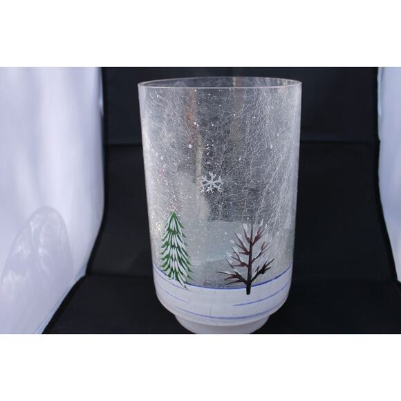 Clear Crackle Large Candle holder/Planter SNOWMAN COUPLE w/ Trees Hand painted - Picture 2 of 6